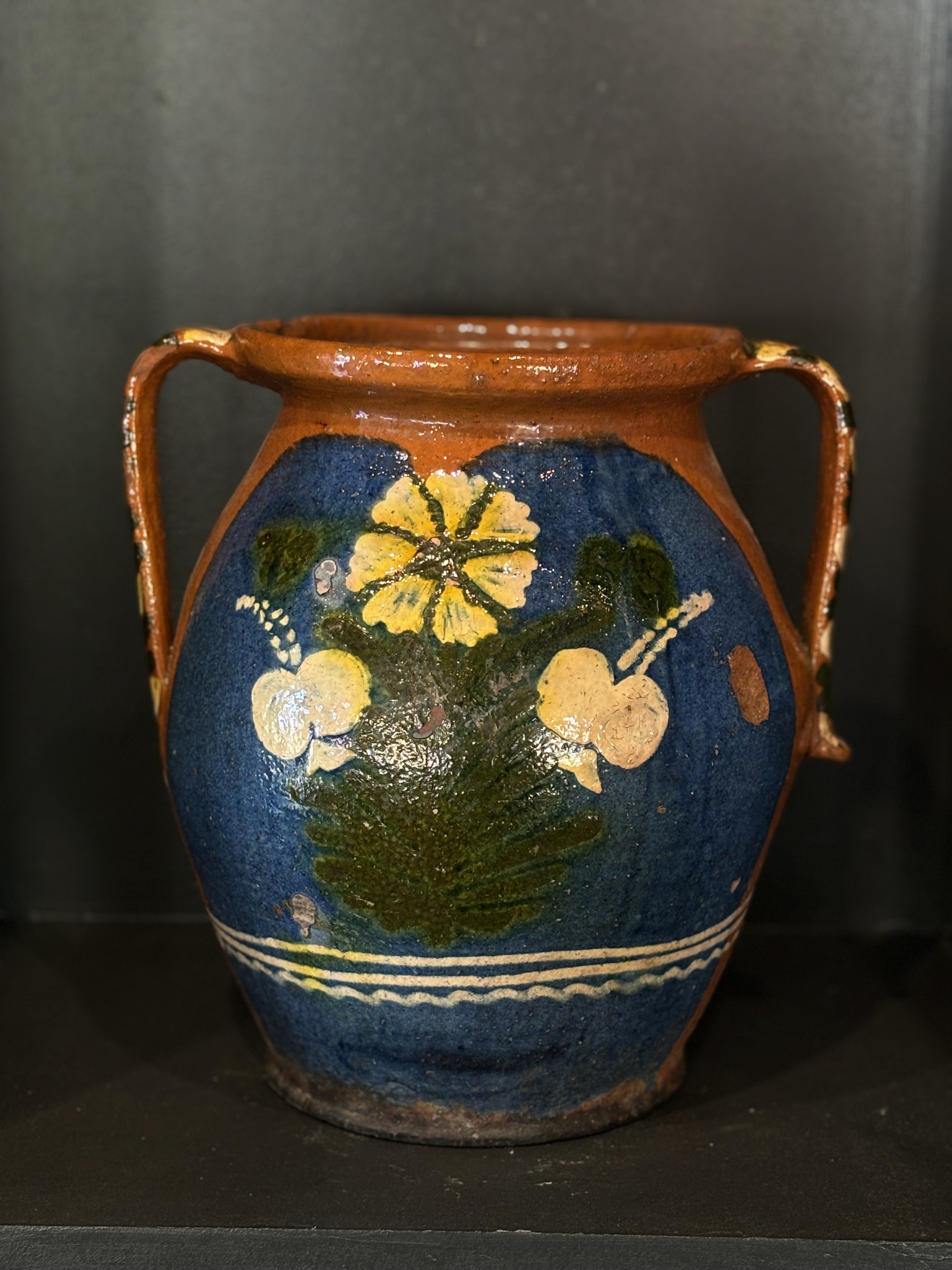 Antik blå med gule blomster keramik - Unika